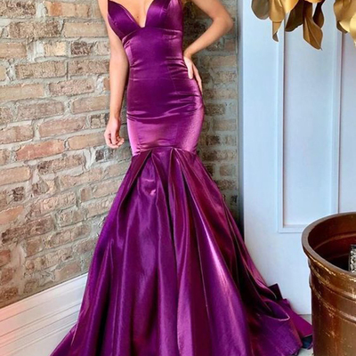 Charming mermaid v neck spaghetti straps open back purple satin prom dresses,beautiful evening prom dresses - Thumbnail 3
