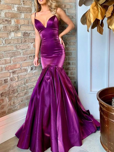 Charming Mermaid V Neck Spaghetti Straps Open Back Purple Satin Prom Dresses,Beautiful Evening Prom Dresses