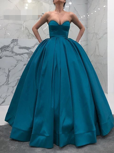 Ball Gown Sweetheart Open Back Peacock blue Satin Long Prom Dresses with Pockets,Formal Party Dresses