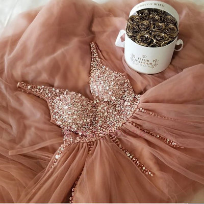 V Neck Tulle Long Prom Dresses with Split Side