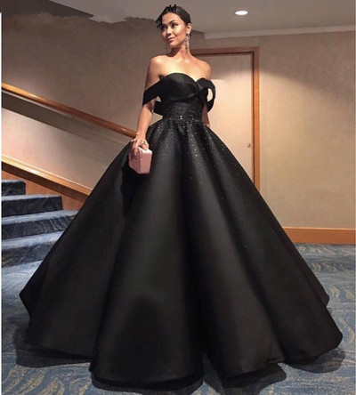 Black Off Shoulder Satin Beaded Ball Gown Dresses, Elegant Prom Dresses,322
