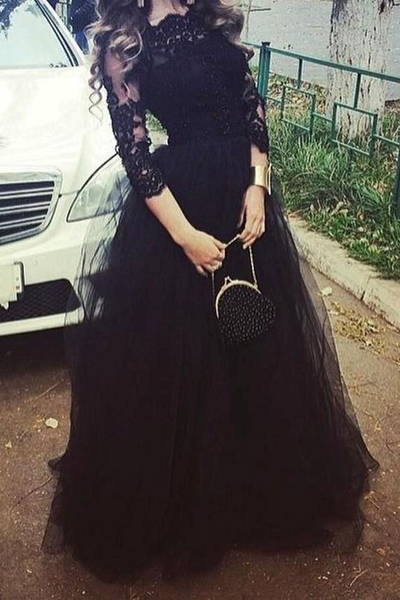 Vintage Black Arabic Prom Pageant Dresses Soop 3/4 Sleeve Applique Lace A Line Party Evening Gowns,335