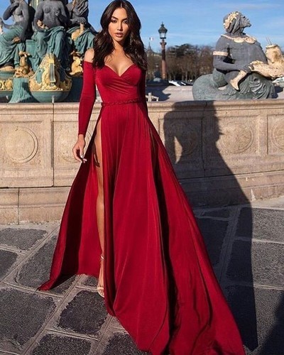 Off The Shoulder Spandex Burgundy Long Sleeved Evening Dress With High Slit,350
