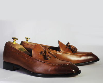 Handmade Brown Leather Tussles Loafers Shoes For Men's