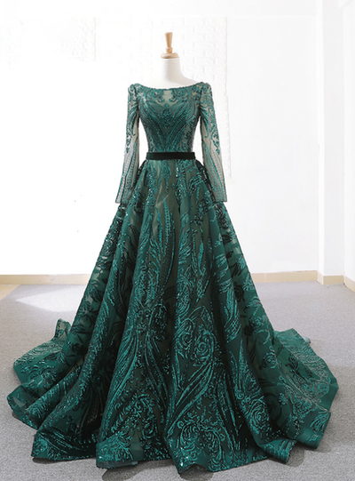 Dark Green Sequins Long Sleeve Backless Wedding Dress With Long Train,353