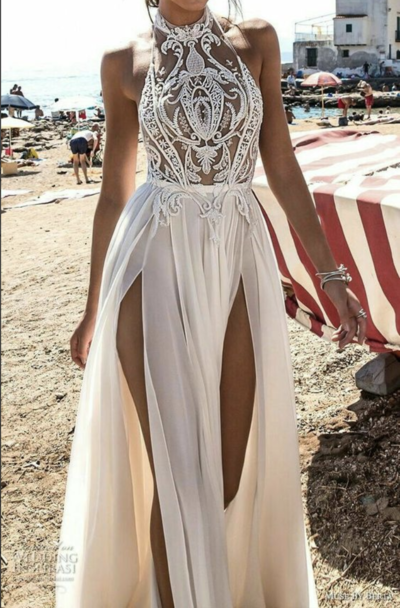 New halter white prom dress,high slit wedding dress,sexy evening dress with lace ,charming wedding dress,370