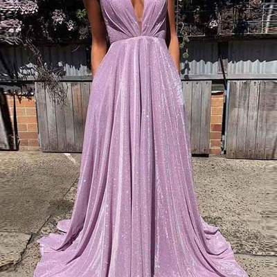 Gorgeous a-line v neck cross back lavender sequins long prom dresses with pockets,evening party dresses - Thumbnail 3