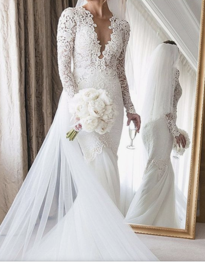 Long sleeves wedding dresses,Lace bridal dresses,Mermaid tulle wedding gowns,375