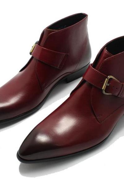 Handmade Men's Half Ankle Burgundy Leather Monk Straps Boot For Men's
