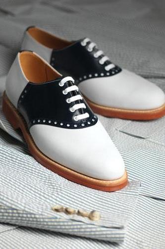 Handmade White & Black Leather Derby Lace Up Shoes For Men's