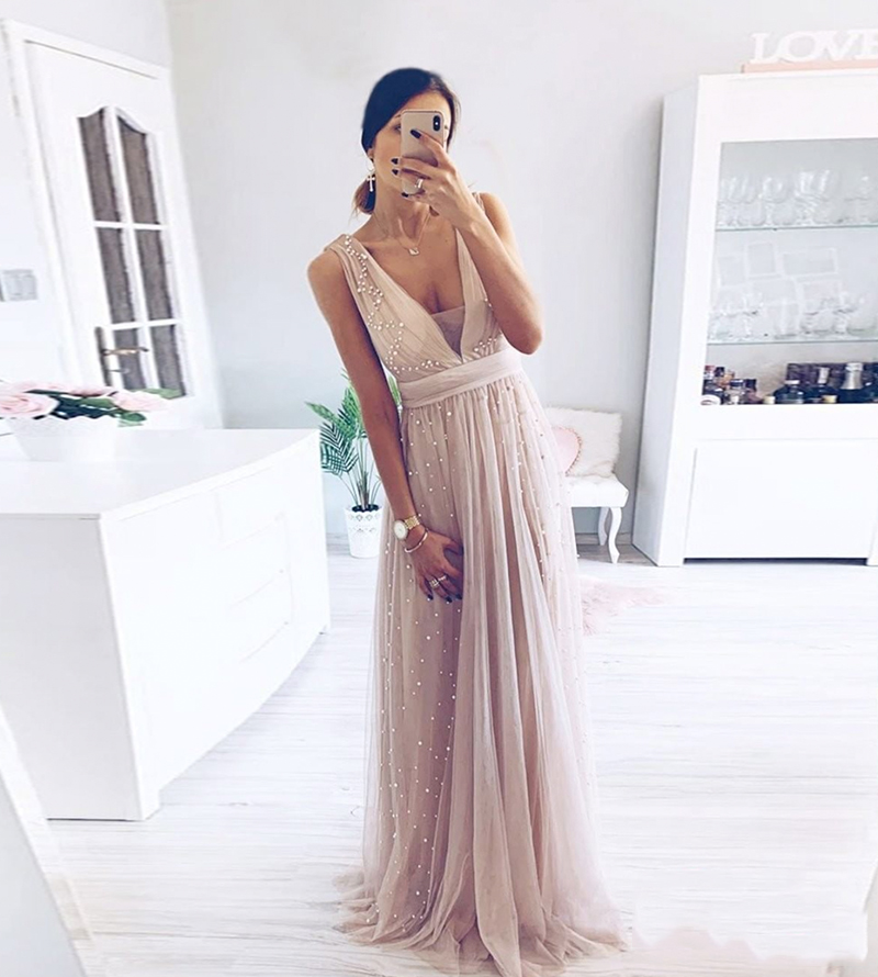 Stylish v neck tulle long prom dress