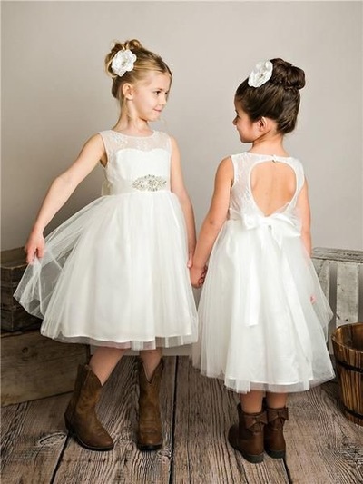 Round Open Back Tea Length Flower Girl Dresses with Rhinestones