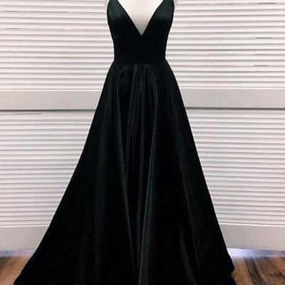 Simple ball gown v neck backless spaghetti strap black satin long prom dresses,formal evening party dresses - Thumbnail 4