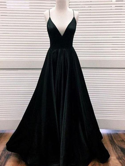 Simple Ball Gown V Neck Backless Spaghetti Strap Black Satin Long Prom Dresses,Formal Evening Party Dresses
