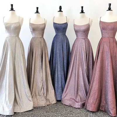 Simple a line spaghetti straps sparkly satin long prom dresses, 2020 fashion prom dresses - Thumbnail 5