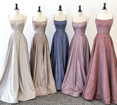 Simple A Line Spaghetti Straps Sparkly Satin Long Prom Dresses, 2020 Fashion Prom Dresses