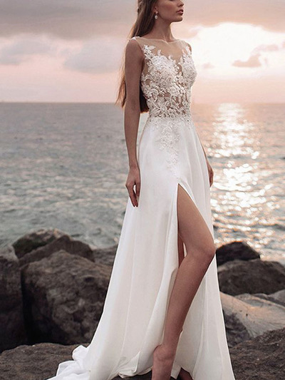 Split A Line Round Neck Chiffon Lace Long Wedding Dresses