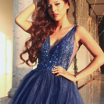 Gorgeous a-line v neck open back navy blue beaded long prom dresses,sparkly evening party dresses,ball gown formal dresses - Thumbnail 3