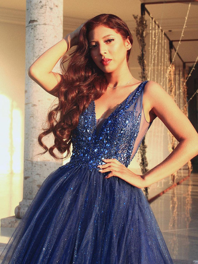 Gorgeous A-Line V Neck Open Back Navy Blue Beaded Long Prom Dresses,Sparkly Evening Party Dresses,Ball Gown Formal Dresses