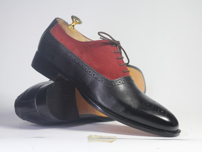 Handmade Black & Burgundy Leather Suede Lace Up Shoes For Men's