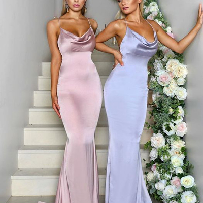 Mermaid spaghetti straps open back blush pink satin long bridesmaid dresses - Thumbnail 3