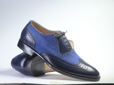 Handmade Blue Wing Tip Brogue Leather & Denim Lace Up Shoes For Men's
