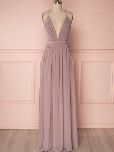 Simple A-Line Deep V Neck Cross Back Blush Chiffon Long Prom Dresses,Bridesmaid Dresses Under 100