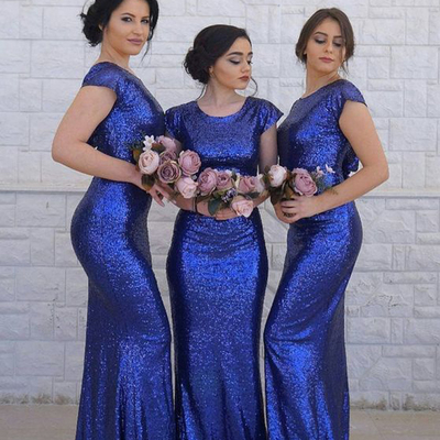 Stylish mermaid round neck cap sleeve royal blue sequins long bridesmaid dresses - Thumbnail 5