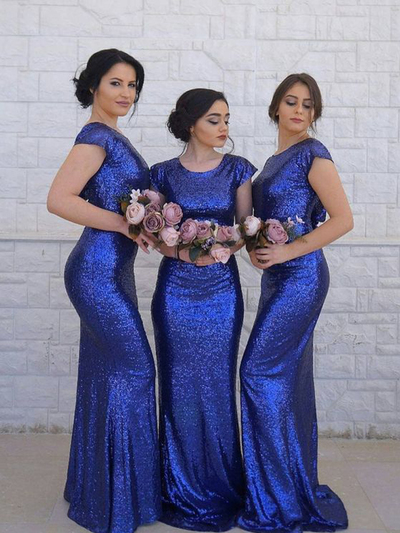 Stylish Mermaid Round Neck Cap Sleeve Royal Blue Sequins Long Bridesmaid Dresses