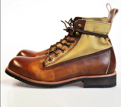 Men's Handmade Ankle High Brown & Tan Leather & Denim Lace Up Boot