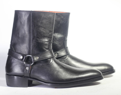 Men's Handmade Ankle High Black Madrid Straps Leather Boot