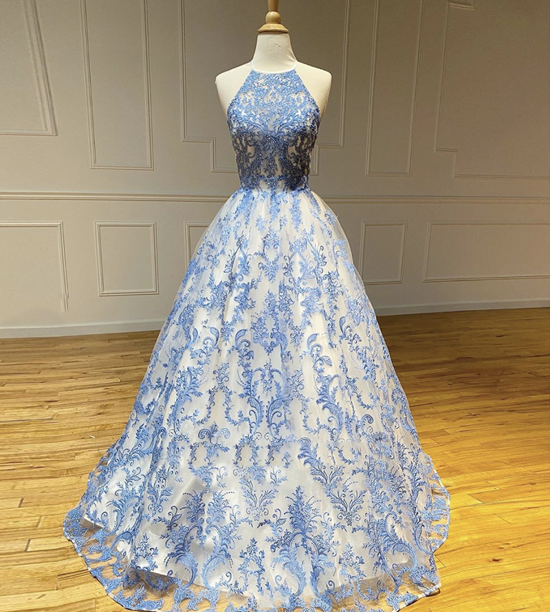 Blue lace long prom dress formal gown