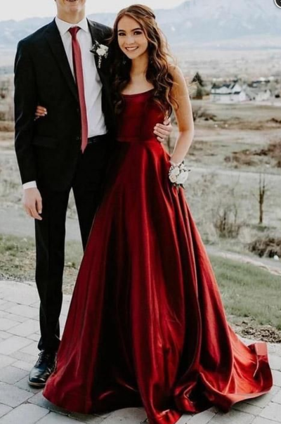 Elegant Spaghetti Straps A-line Wine Red Prom Dress with Pockets