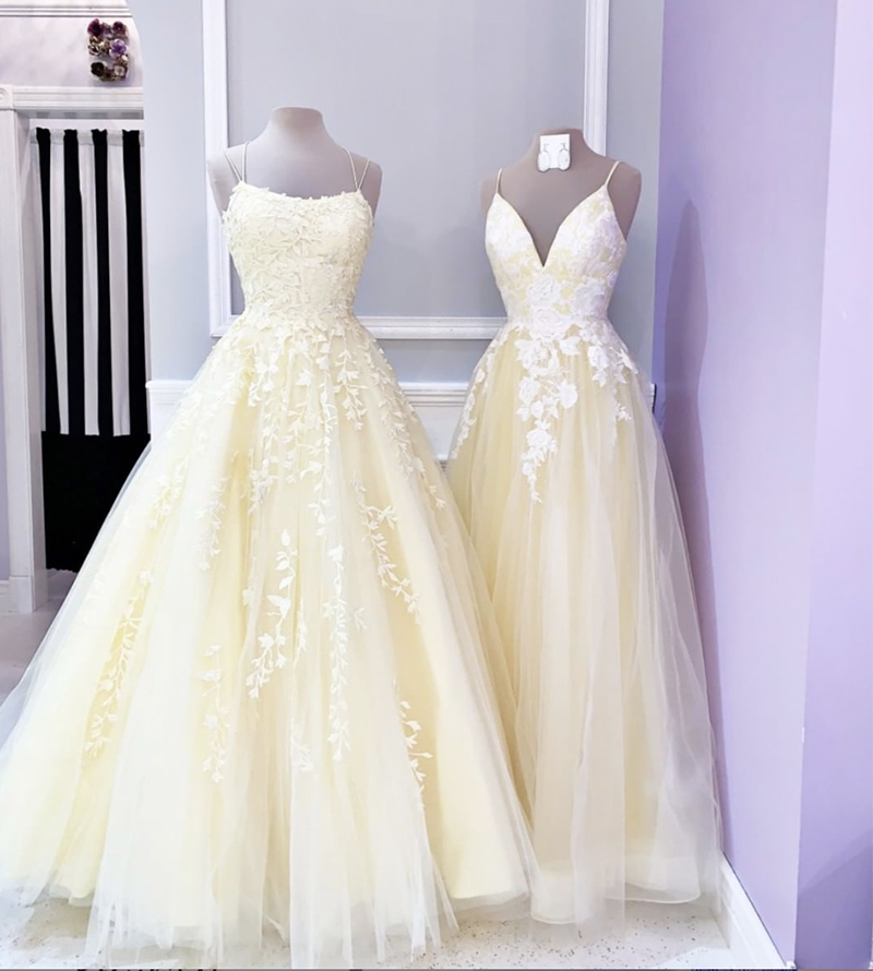 Yellow lace tulle long prom dress