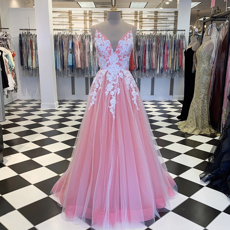 Pink v neck tulle lace long prom dress