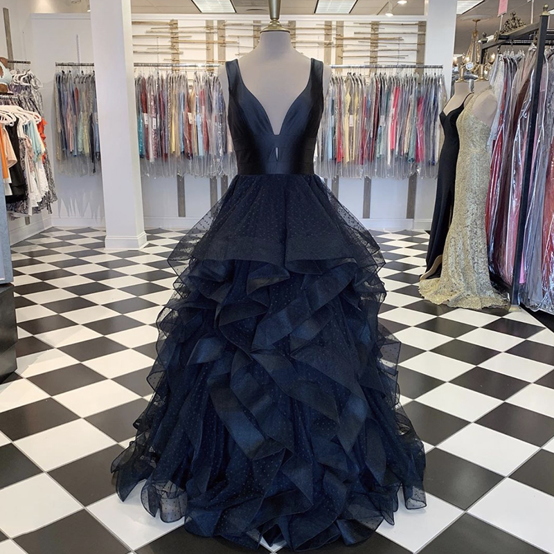 Dark blue v neck tulle long prom gown