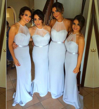 Sheath Sky Blue Sweep Train Chiffon Bridesmaid Dress