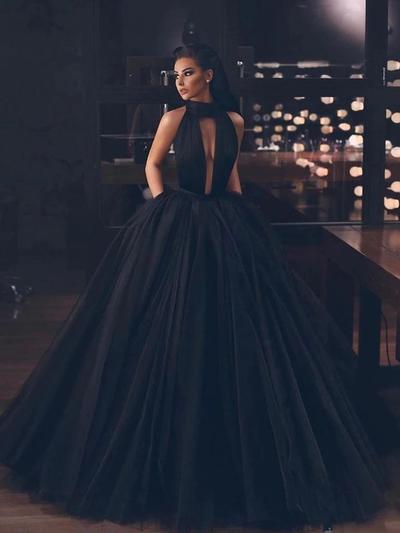 Black Backless Tulle Floor Length Prom Gowns high neck Long Formal Homecoming Graduation Dresses vestidos de gala Puffy Prom Dresses