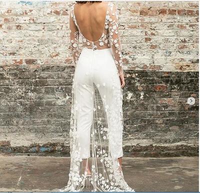 Simple Beach Wedding Dresses Boho Bridal Gowns Sexy Crew Neck Delicate Lace Trousers Wedding Dresses,378