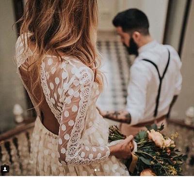 A Line Tulle Dotted Lace Wedding Dresses Simple Sheer Long Sleeve Bridal Gowns,379