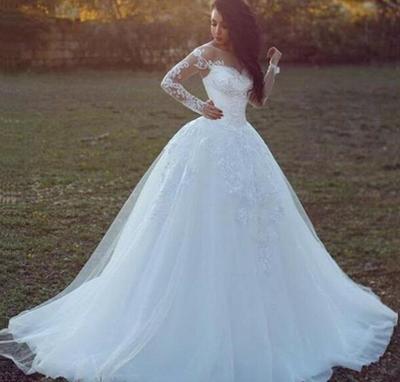 Vintage White Wedding Dresses With Long Sleeve Jewel A Line Chapel Train Tulle Wedding Gowns Bridal Dresses,385