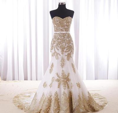 Mermaid White And Gold Wedding Dress Cheap Real Photos Sweetheart Chapel Train Applique Lace Bridal Dress For Women Girls New,389