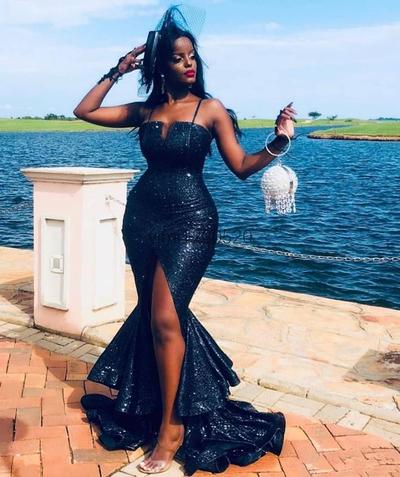 Dark Navy Sexy Mermaid Prom Dresses Spaghetti Side Split Ruffles Sequined Long Formal Evening Party Gowns vestidos de noche Plus Size