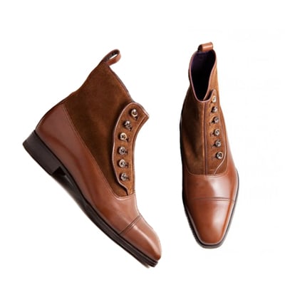 Men's Handmade Brown Ankle High Cap Toe Button Top Leather Suede Boot