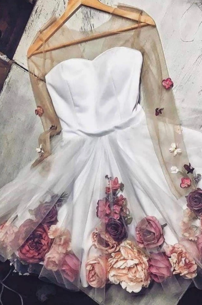 White Long Sleeve Tulle Applique Short Prom Dress with Flowers ,Homecoming Dresses