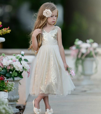 V Neck Tulle Sequins Flower Girl Dresses