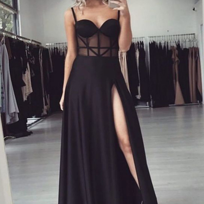 Glamorous a-line sweetheart open back see through black satin long prom dresses,formal evening party dresses - Thumbnail 3