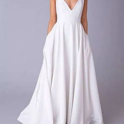 Simple a-line v neck open back spaghetti straps white satin long prom dresses with pockets,cheap wedding dresses - Thumbnail 2