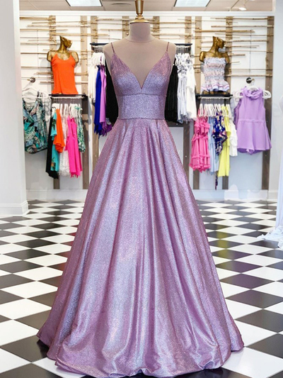 Shiny V Neck Open Back Sparkly Satin Blush Navy Blue Long Prom Dresses,Girls Junior Graduation Gown,Quinceanera Dresses