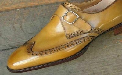 Tan Single Buckle Strap Monk Wing Tip Rounded Derby Toe Genuine Leather Shoes